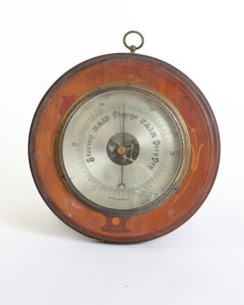 Antique Aneroid Barometer with Inlaid Wood Frame and Brass Bezel