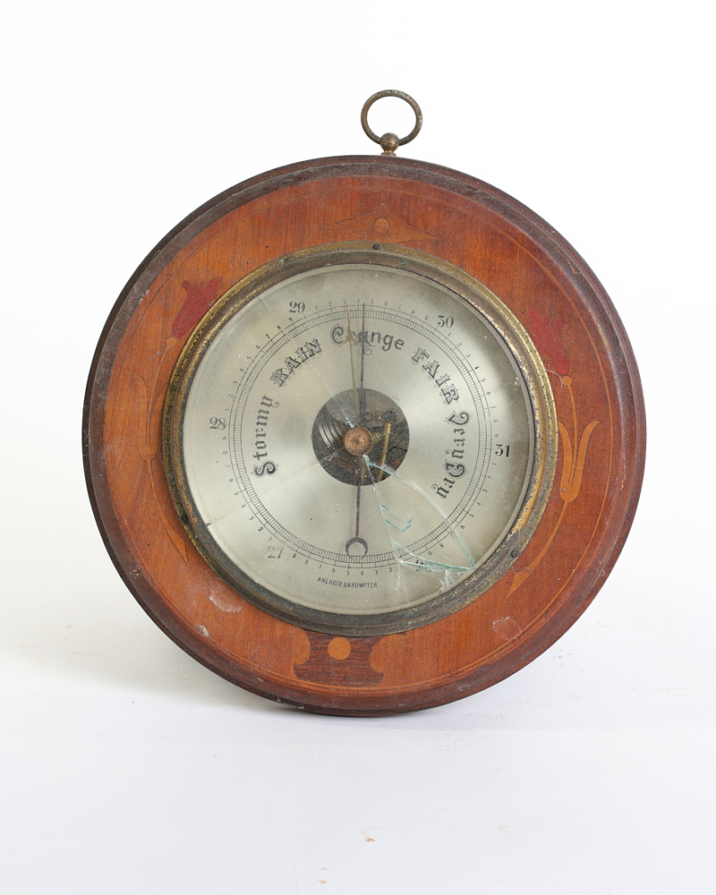 Antique Aneroid Barometer with Inlaid Wood Frame and Brass Bezel