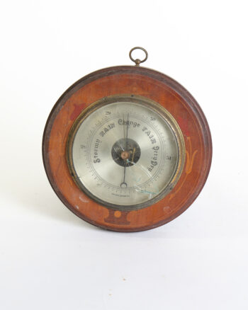 Antique Aneroid Barometer with Inlaid Wood Frame and Brass Bezel
