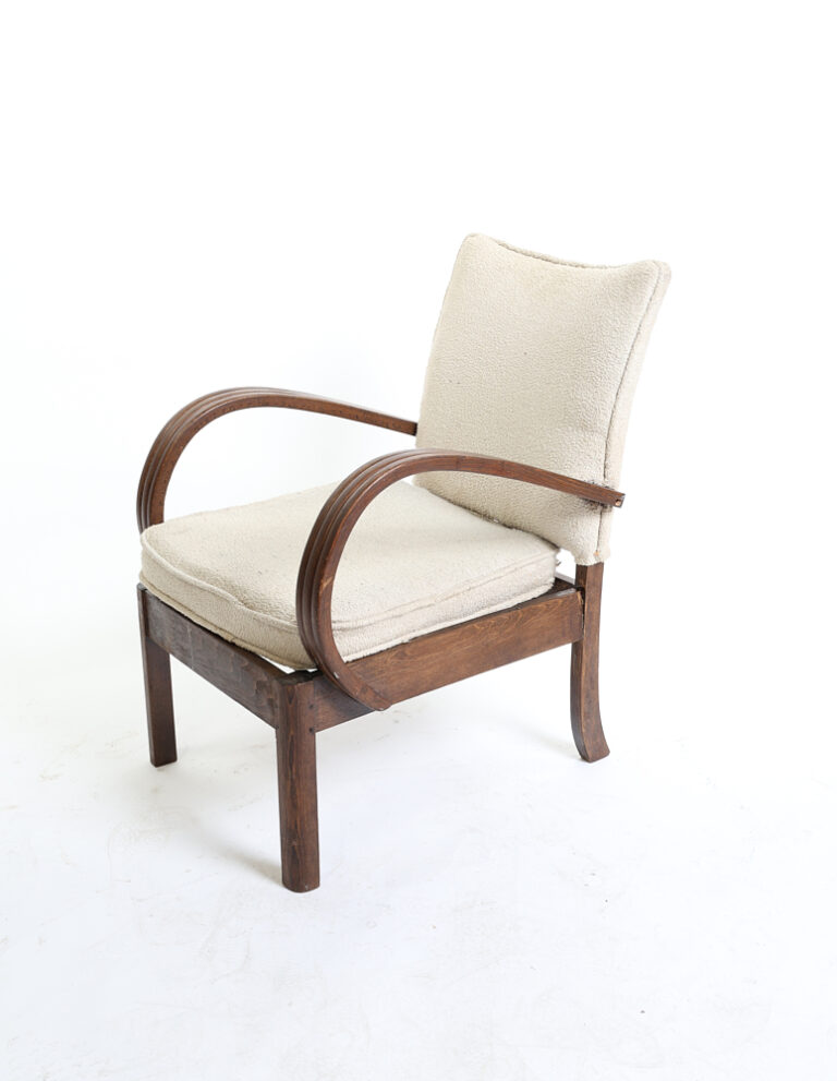 Mid Century Wooden Armchair with Curved Arms and Cream Fabric