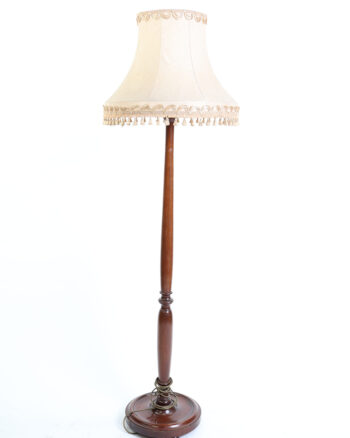 Vintage Turned Wood Standard Lamp with Fringed Fabric Shade
