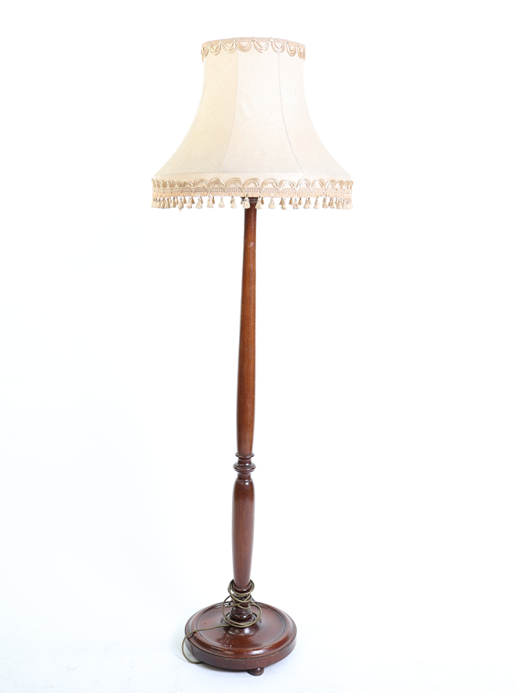 Vintage Turned Wood Standard Lamp with Fringed Fabric Shade