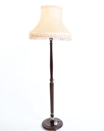 Vintage Turned Wood Standard Lamp with Fringed Fabric Shade