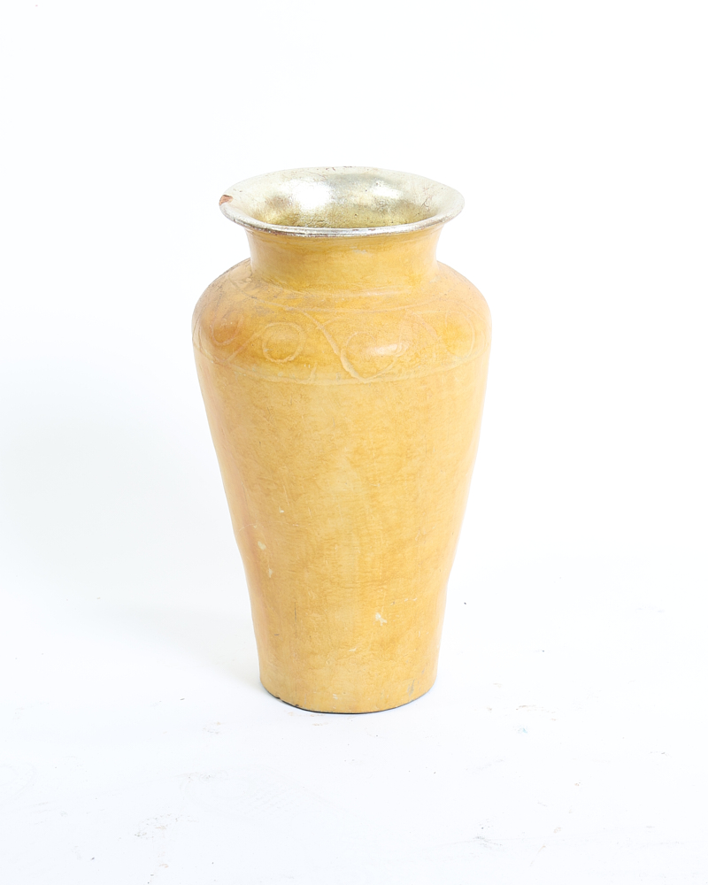 Vintage Cream Ceramic Vase with Silvered Rim and Etched Swirls