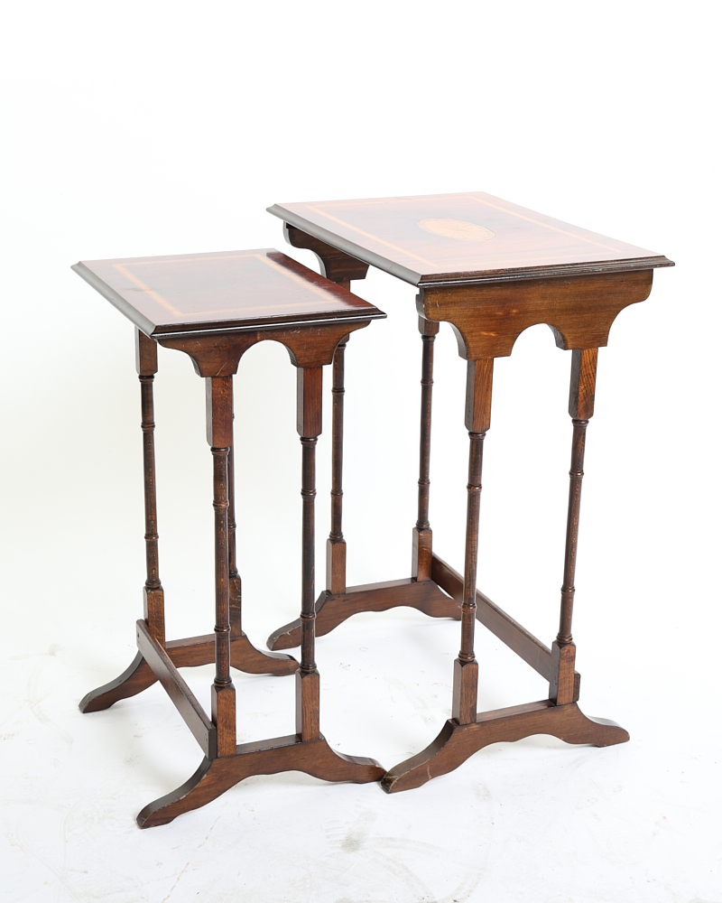 1900s Dark Wood Nesting Tables with Marquetry Inlay