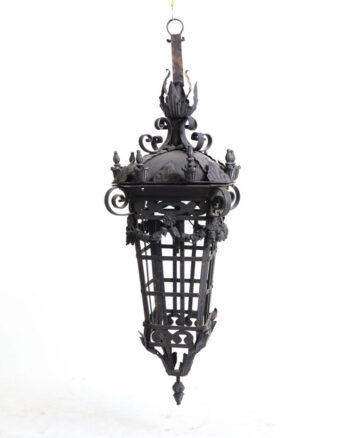 Antique Wrought Iron Lantern with Ornate Leaf & Scrollwork