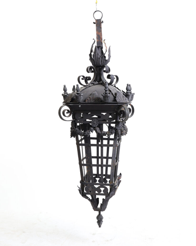 Antique Wrought Iron Lantern with Ornate Leaf & Scrollwork