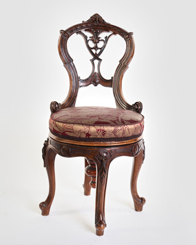 Victorian N.A. Campbell & Co Carved Wood Parlour/piano Chair with Red & Gold Upholstery