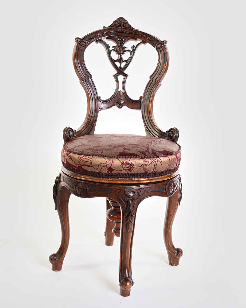 Victorian N.A. Campbell & Co Carved Wood Parlour/piano Chair with Red & Gold Upholstery