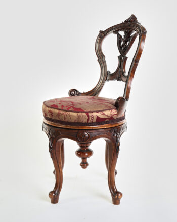 Victorian N.A. Campbell & Co Carved Wood Parlour/piano Chair with Red & Gold Upholstery