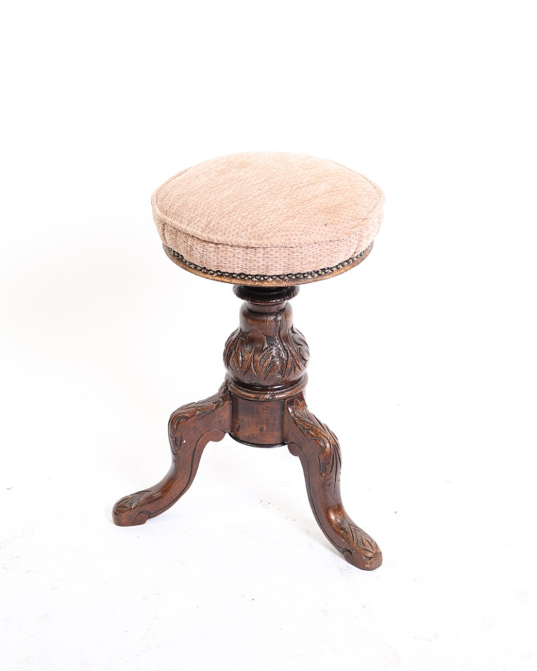 Victorian Carved Wood Piano Stool with Upholstered Seat