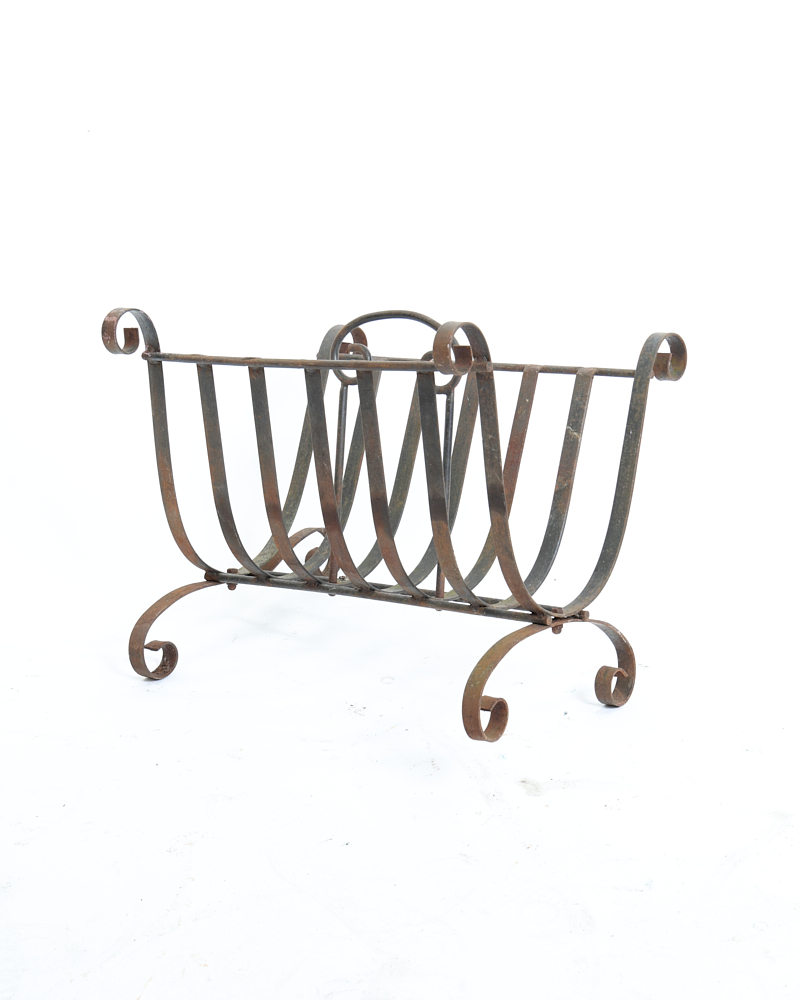 Vintage Wrought Iron Magazine Rack with Scroll Details