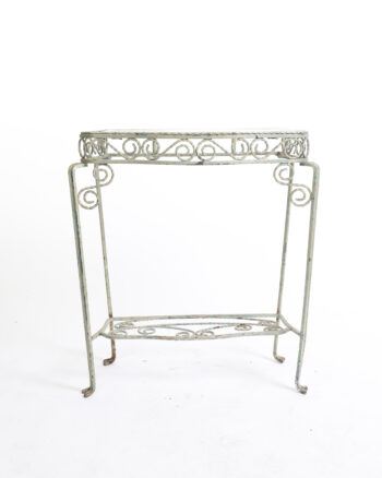 Vintage Distressed Green Metal Side Table with Glass Top