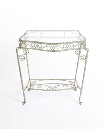 Vintage Distressed Green Metal Side Table with Glass Top