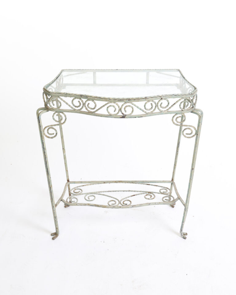 Vintage Distressed Green Metal Side Table with Glass Top
