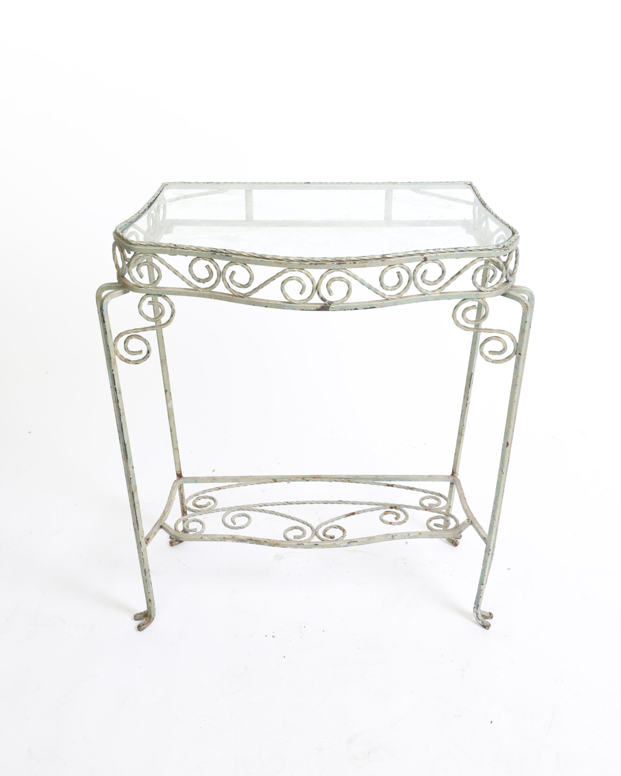 Vintage Distressed Green Metal Side Table with Glass Top