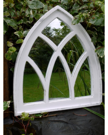 White Distressed Wood Gothic Arch Window Mirror