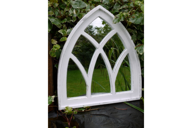 White Distressed Wood Gothic Arch Window Mirror