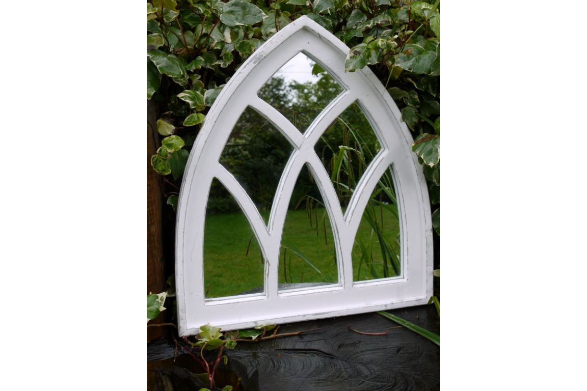 White Distressed Wood Gothic Arch Window Mirror