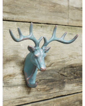 Cast Iron Stag Head Wall Hook with Aged Blue-Green Finish