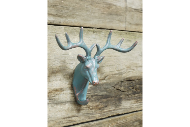 Cast Iron Stag Head Wall Hook with Aged Blue-Green Finish