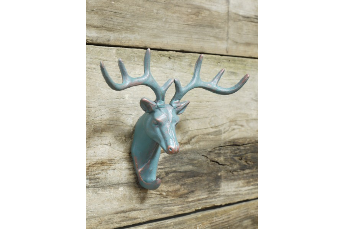 Cast Iron Stag Head Wall Hook with Aged Blue-Green Finish