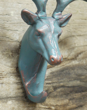Cast Iron Stag Head Wall Hook with Aged Blue-Green Finish