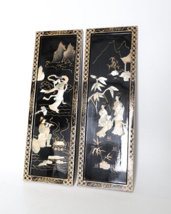 Pair of Black Lacquer Mother-of-Pearl Inlaid Figural Wall Panels