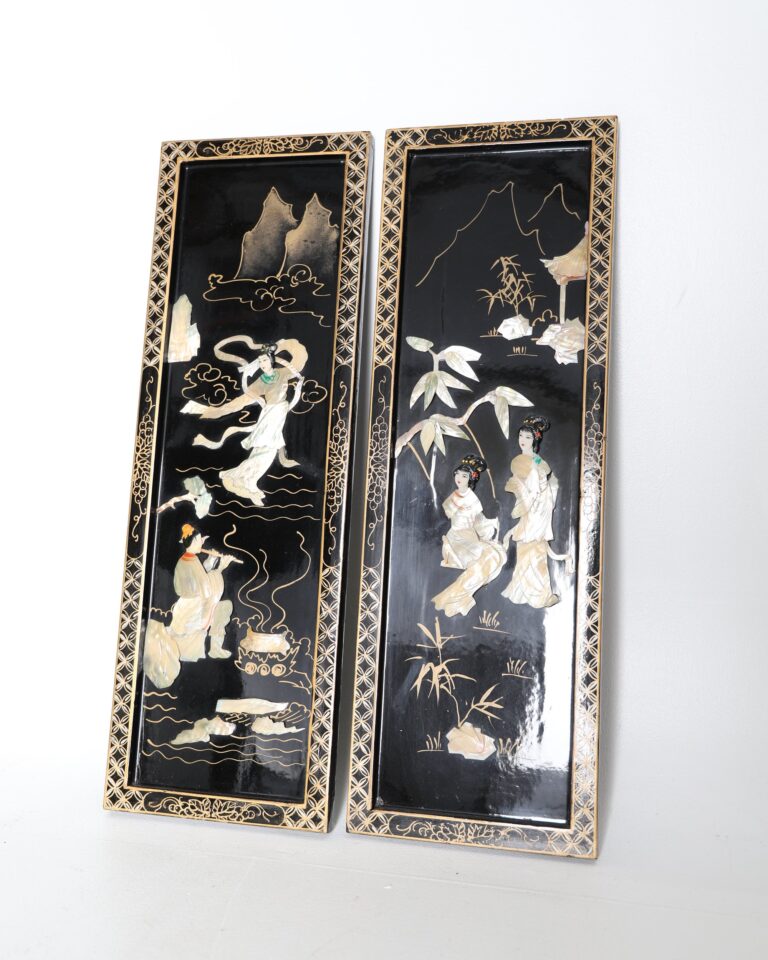 Pair of Black Lacquer Mother-of-Pearl Inlaid Figural Wall Panels