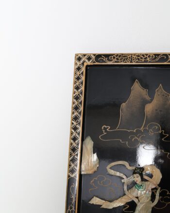 Pair of Black Lacquer Mother-of-Pearl Inlaid Figural Wall Panels