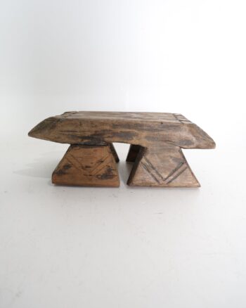 Vintage Hand-Carved Wooden Low Stool with Geometric Detail
