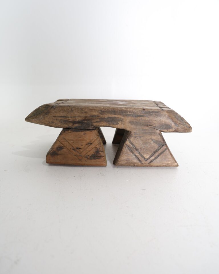 Vintage Hand-Carved Wooden Low Stool with Geometric Detail