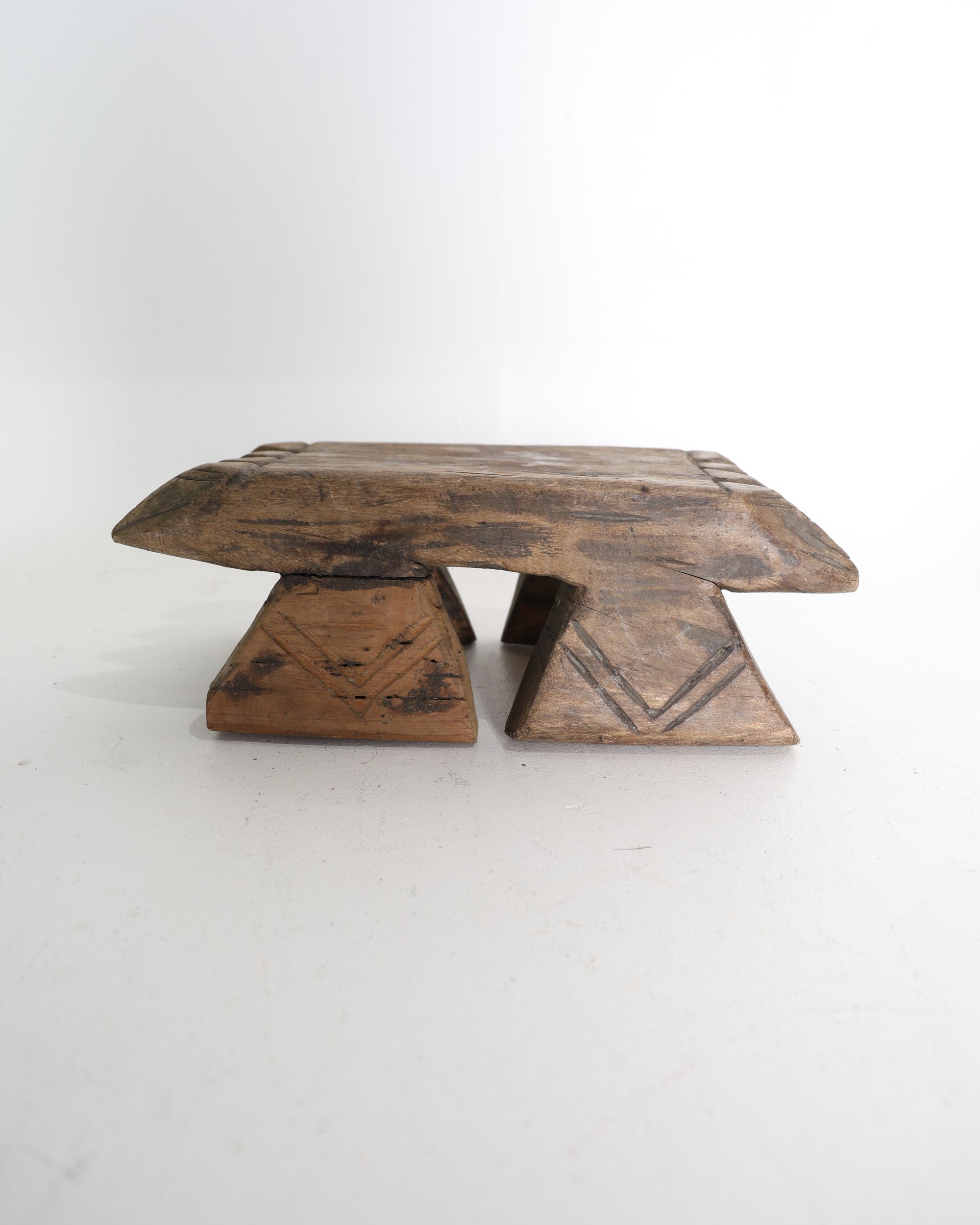 Vintage Hand-Carved Wooden Low Stool with Geometric Detail