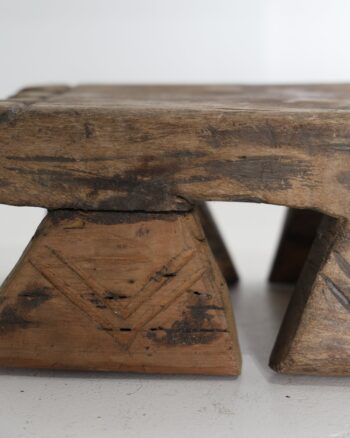 Vintage Hand-Carved Wooden Low Stool with Geometric Detail