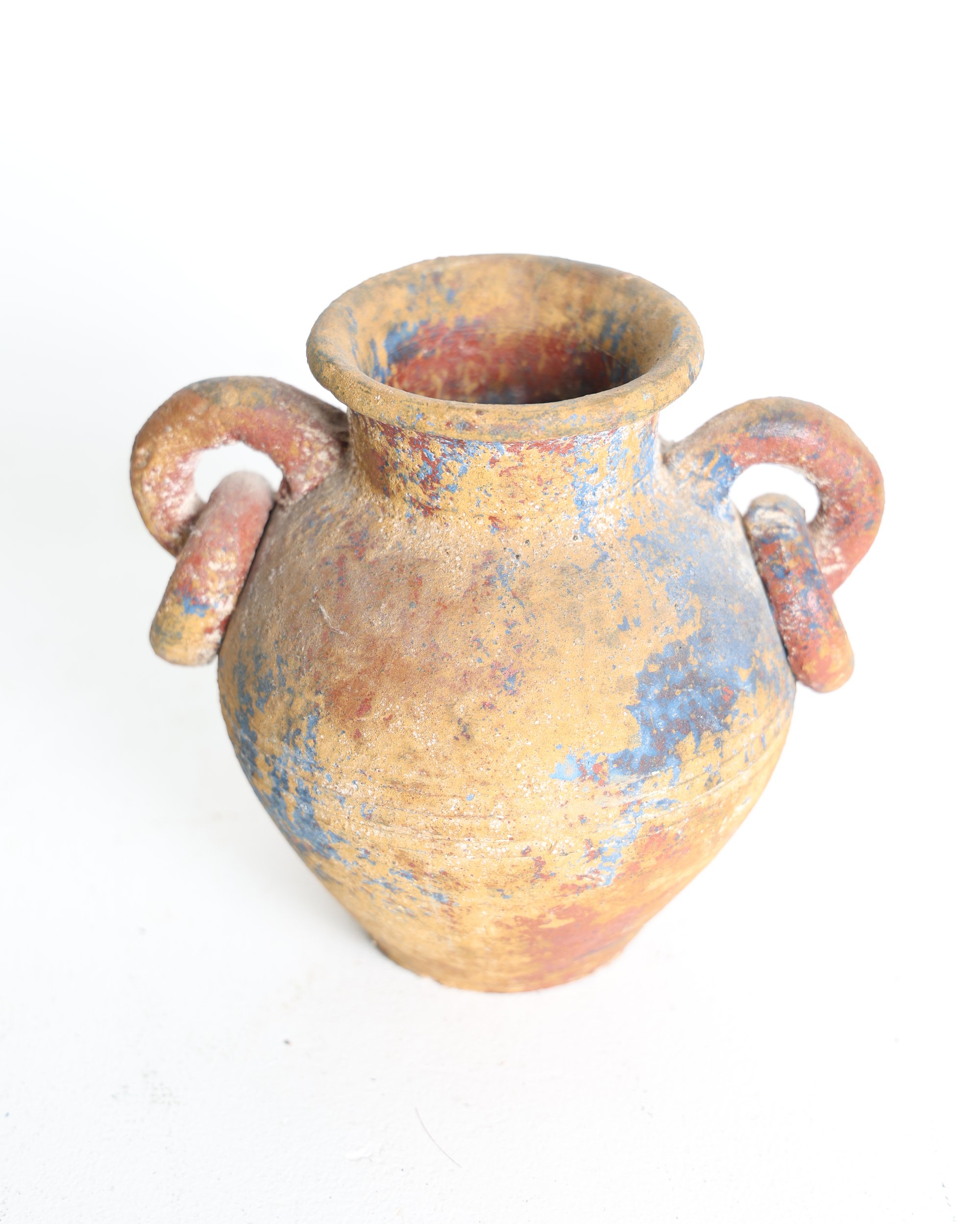 Rustic Terracotta Amphora Vase with Distressed Painted Finish and Ring Handles