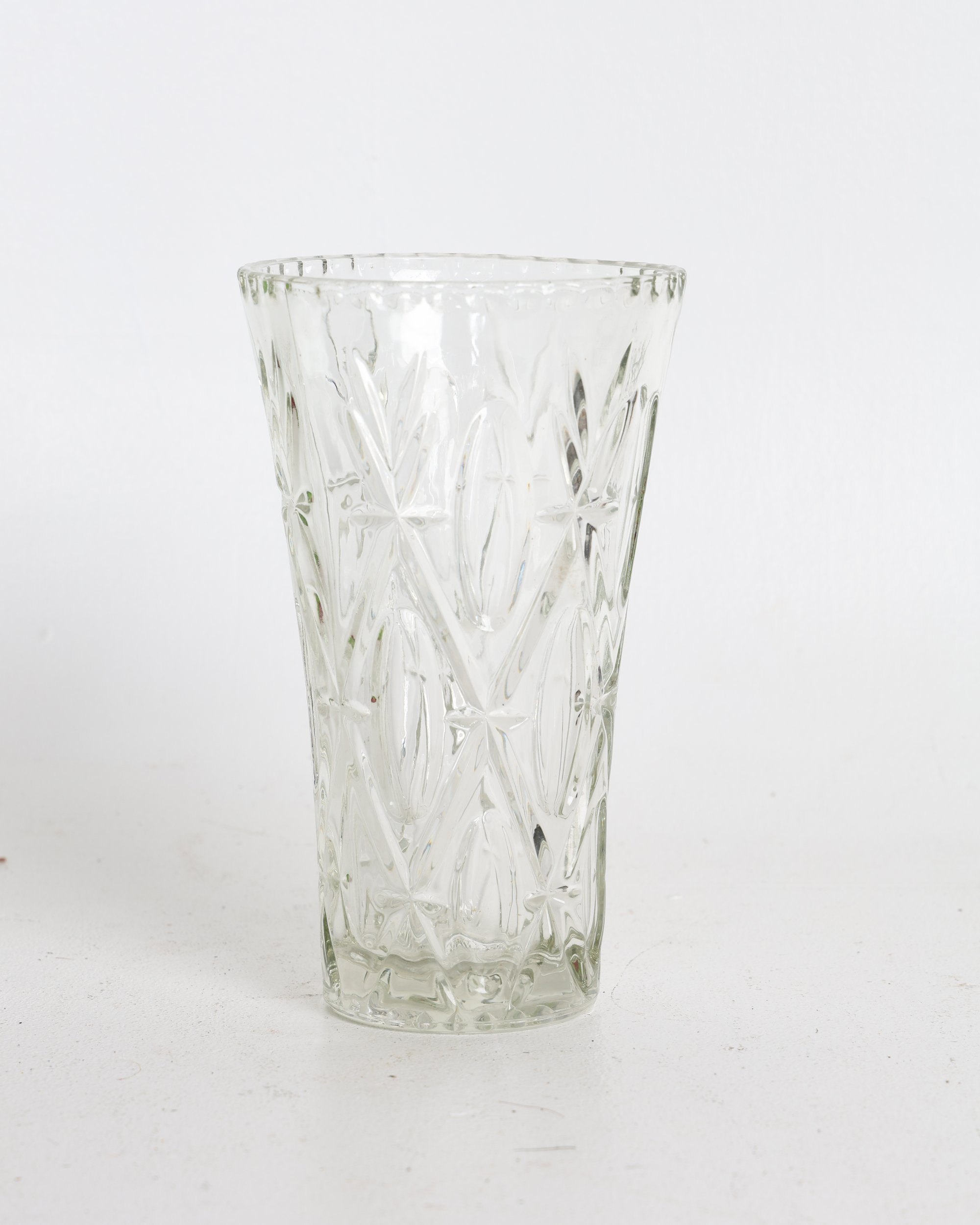Clear Cut Glass Vase with Star and Oval Geometric Patterns