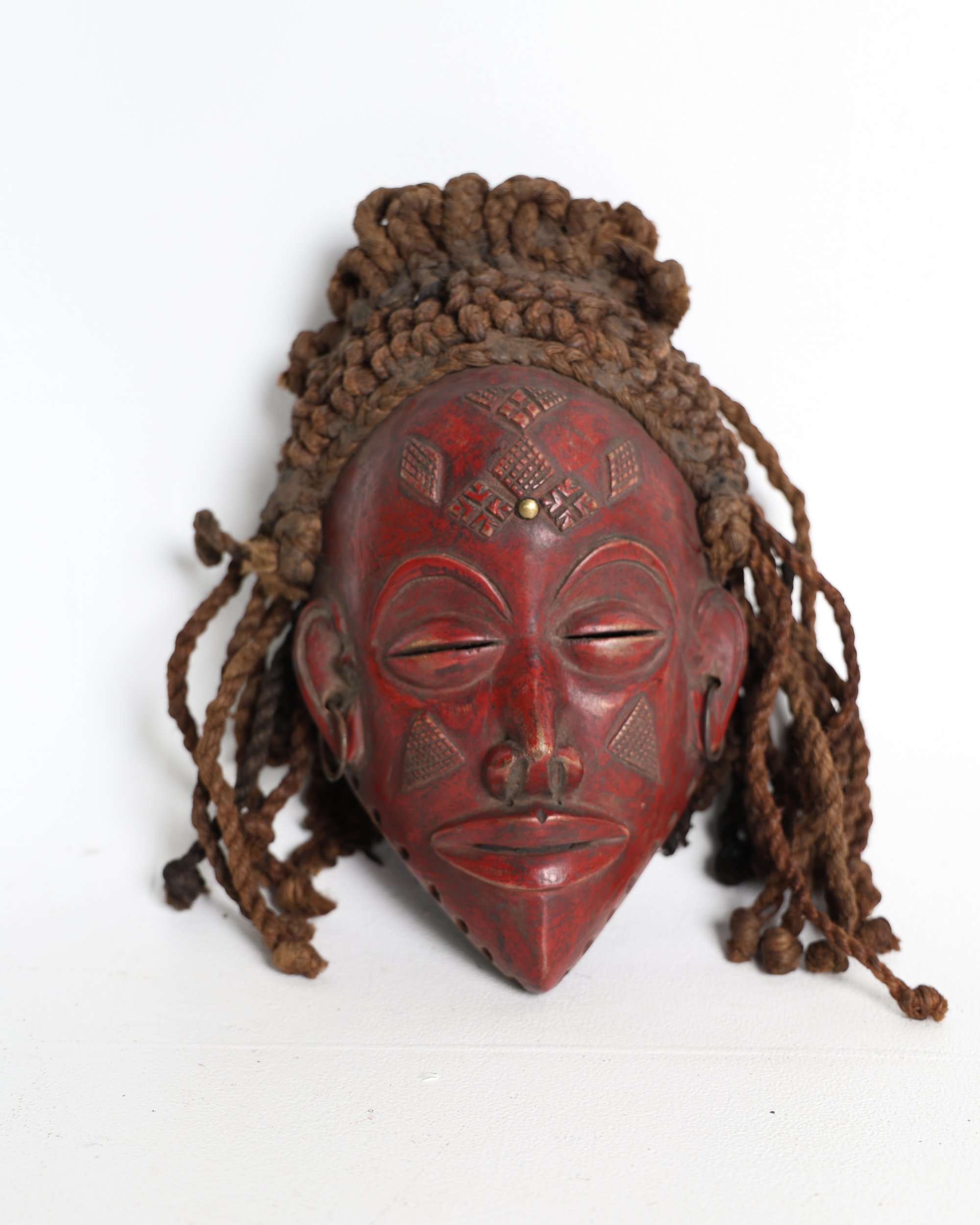 Chokwe Mwana Pwo Carved Wooden Mask with Woven Fibre Hairpiece