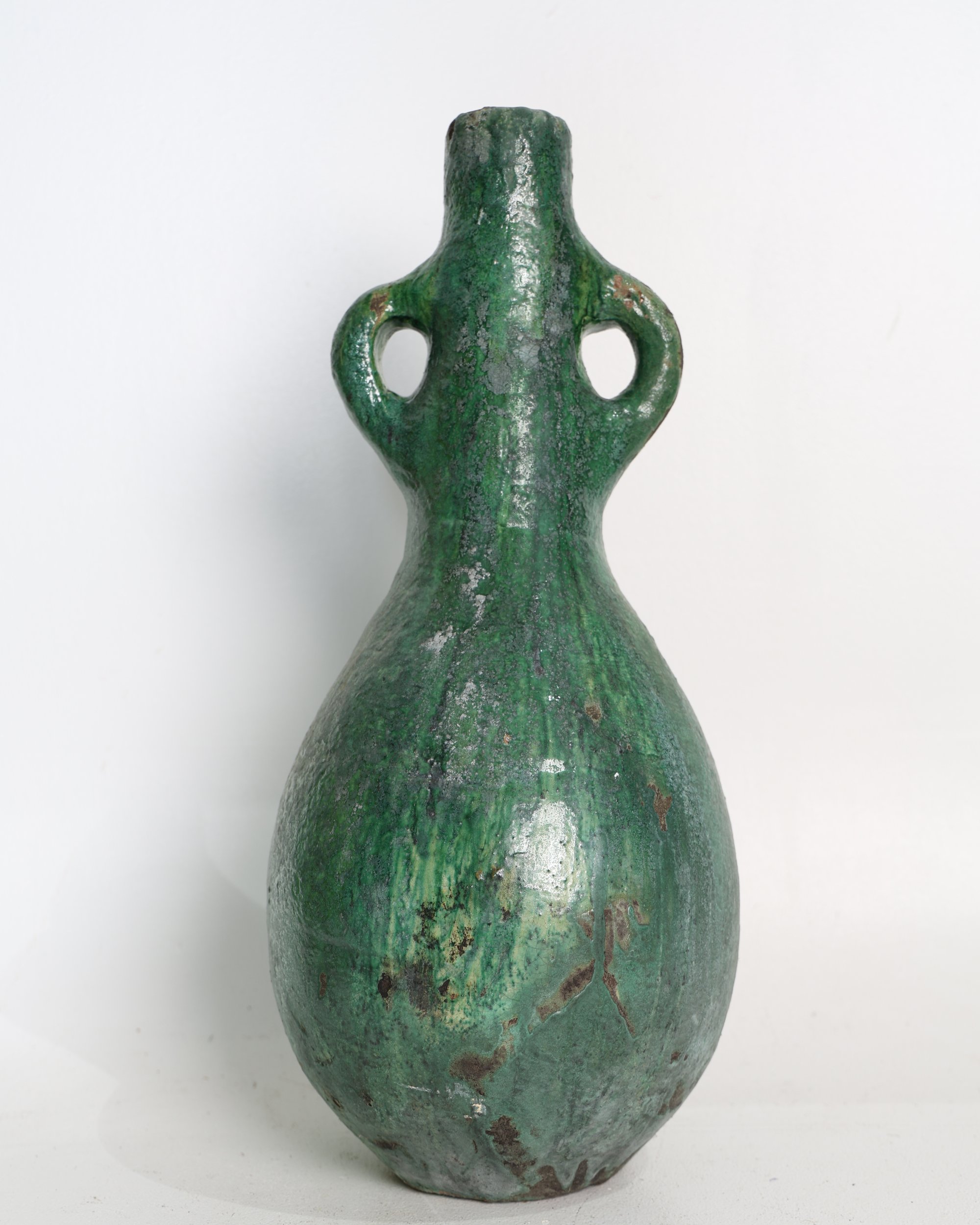 Moroccan Tamegroute Style Green Glazed Ceramic Jug Vase