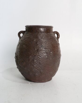 Rustic Textured Brown Ceramic Pot with Twin Loop Handles