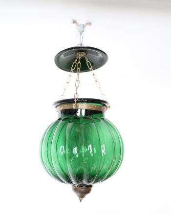 Vintage Ribbed Green Glass Hanging Lantern