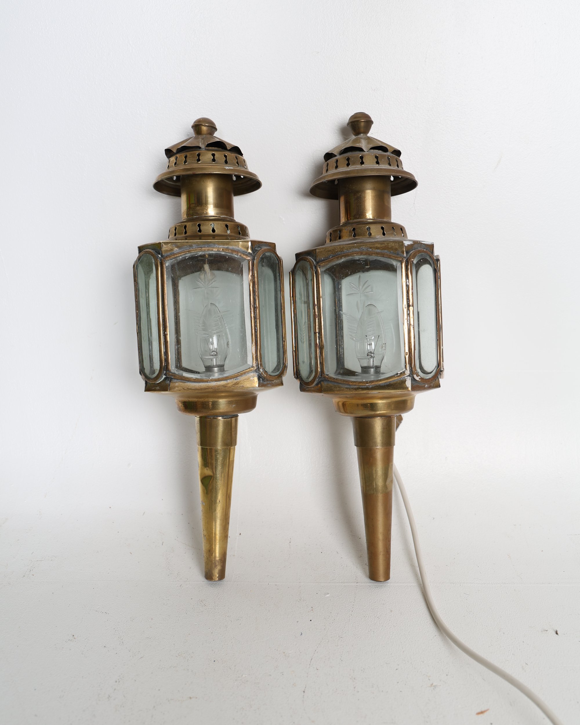 Pair of Brass and Etched Glass Wall Lanterns/Carriage Lantern