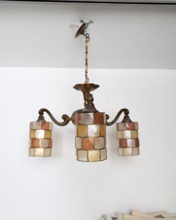 Three Arm Brass Tone Chandelier with Mother of Pearl Style Shell Shades