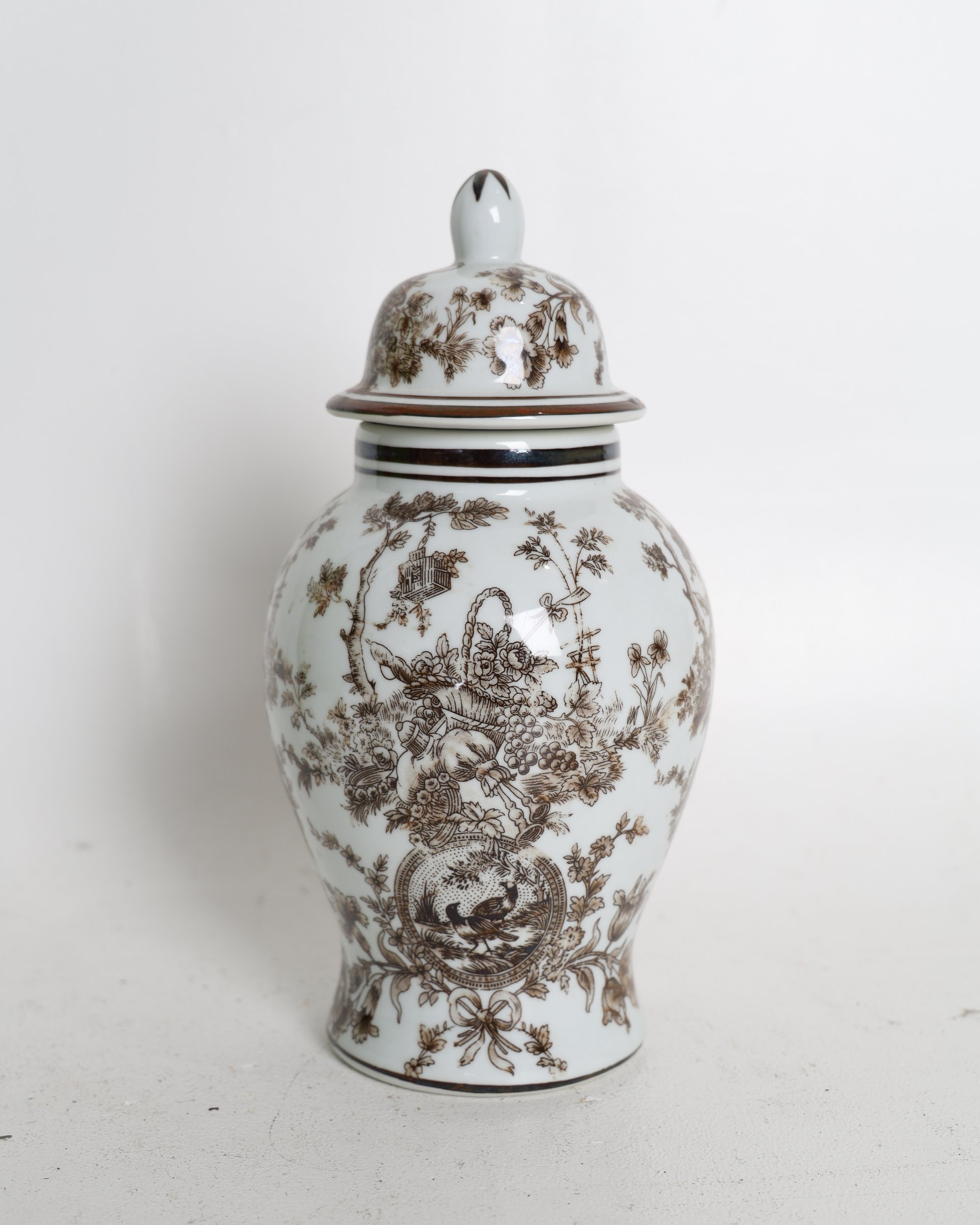 Ceramic Ginger Jar with Brown Transferware Design