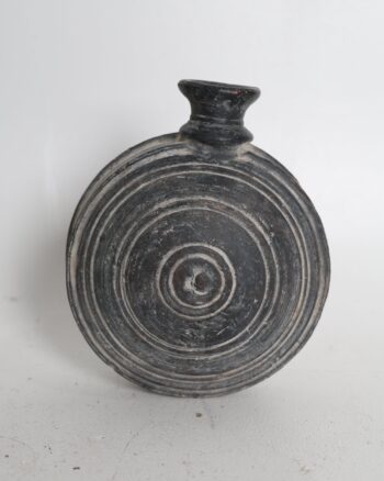 Decorative Black Ceramic Pilgrim Flask with Circular Grooves