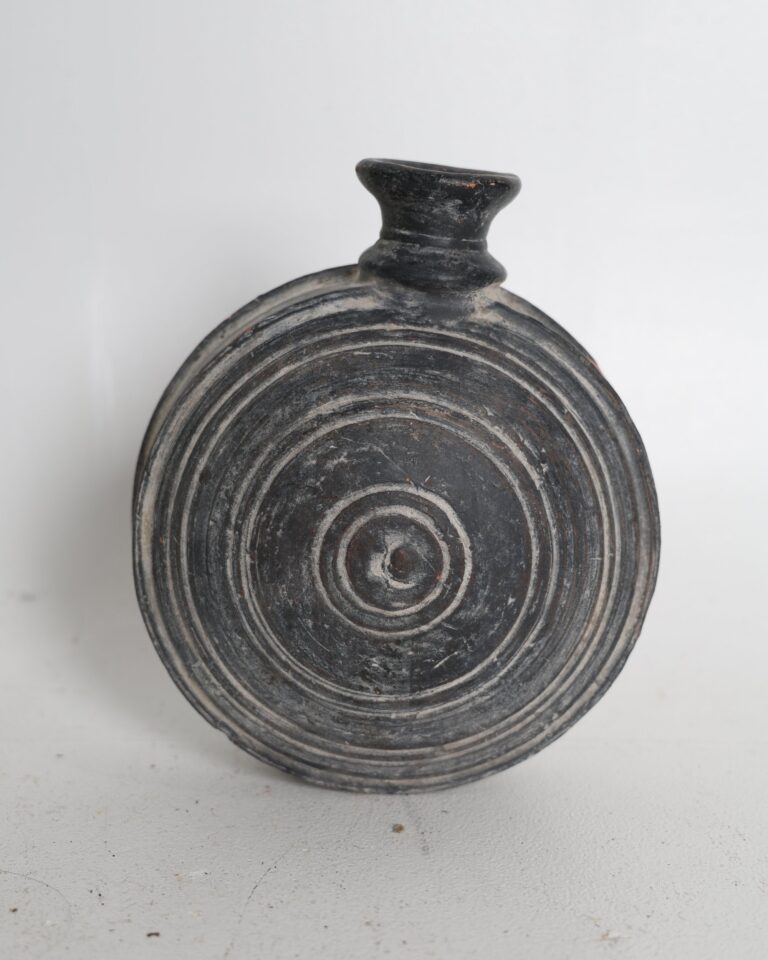 Decorative Black Ceramic Pilgrim Flask with Circular Grooves