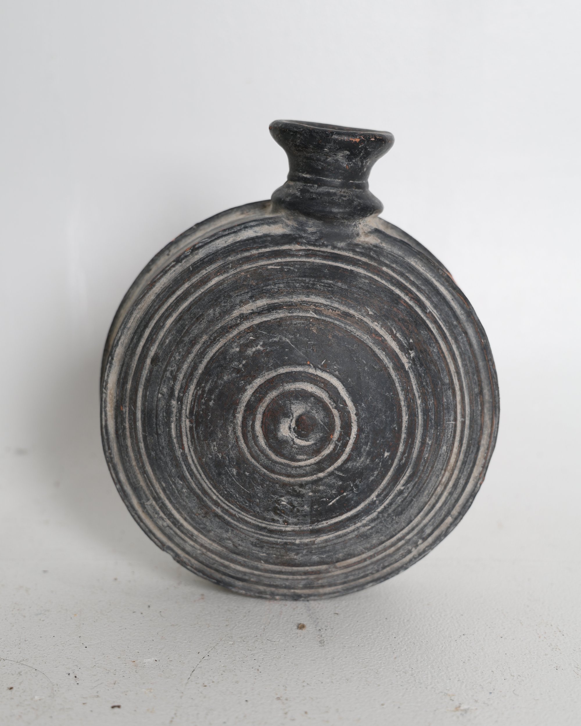 Decorative Black Ceramic Pilgrim Flask with Circular Grooves
