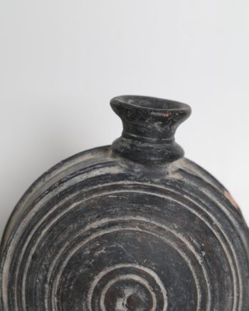 Decorative Black Ceramic Pilgrim Flask with Circular Grooves