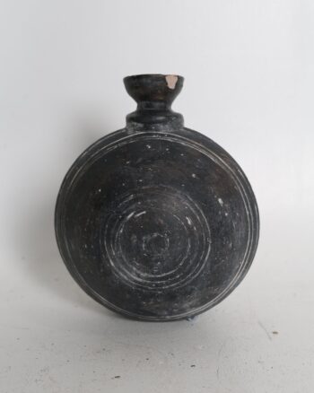 Rustic Dark Earthenware Flask with Concentric Incised Detail