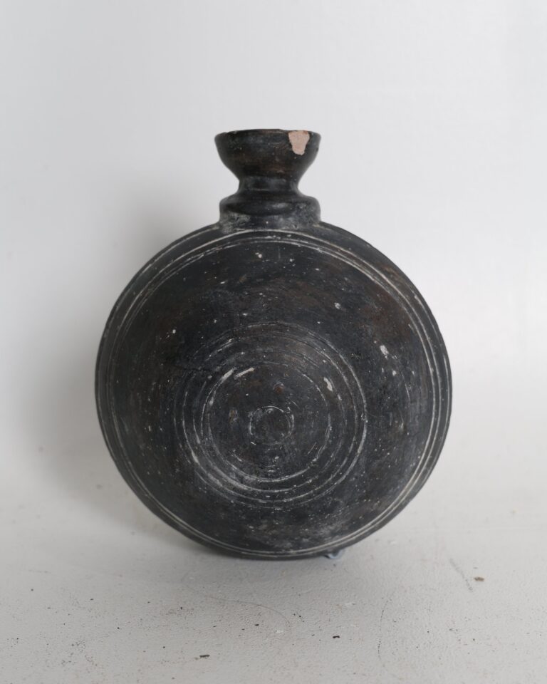 Rustic Dark Earthenware Flask with Concentric Incised Detail