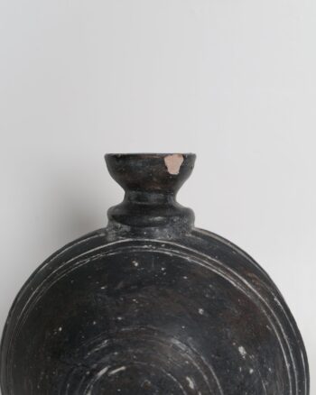Rustic Dark Earthenware Flask with Concentric Incised Detail